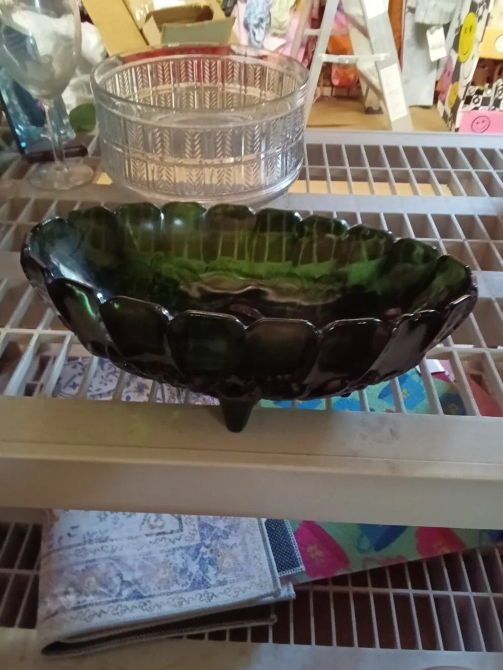 Vintage Green Glass Fruit Bowl with Embossed Design